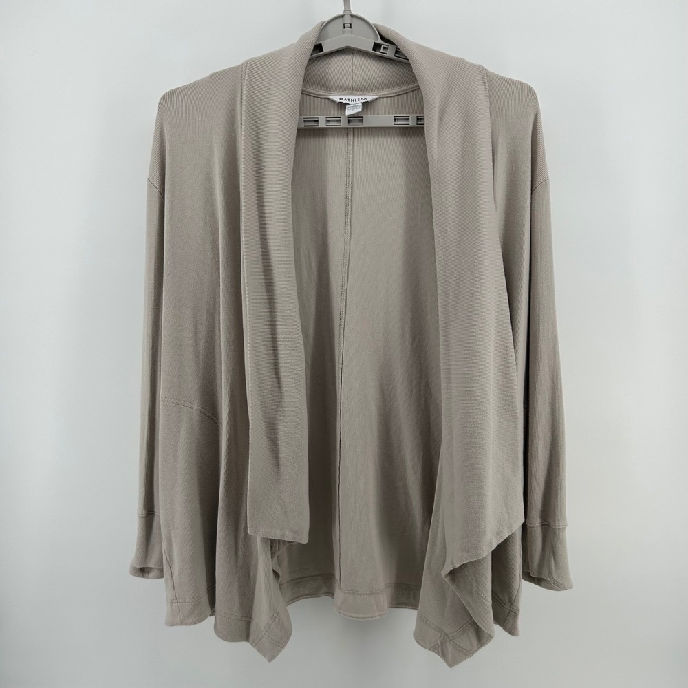 Athleta Cardigan Womens 1X Taupe Ribbed Open Front Thumbhole Athleisure Wrap